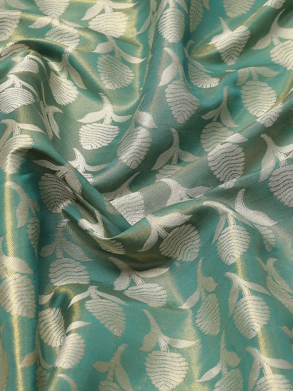 Turquoise Brocade Woven Zari Design Floral Saree with Unstitched Blouse - Hiral Fashion | Grocsy