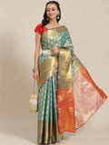 Turquoise Brocade Woven Zari Design Floral Saree with Unstitched Blouse - Hiral Fashion | Grocsy