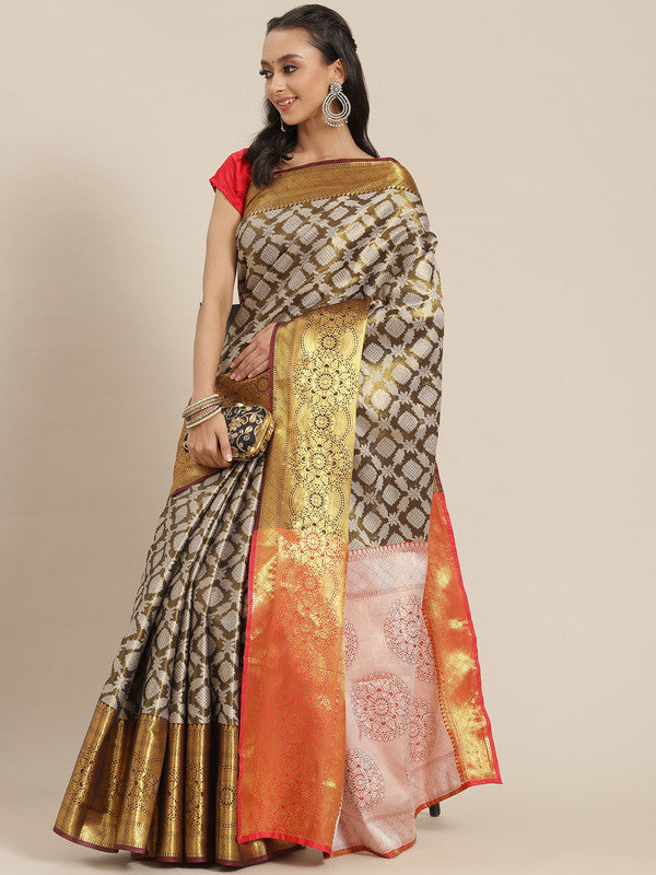 Black Brocade Woven Zari Design Floral Saree with Unstitched Blouse - Hiral Fashion | Grocsy