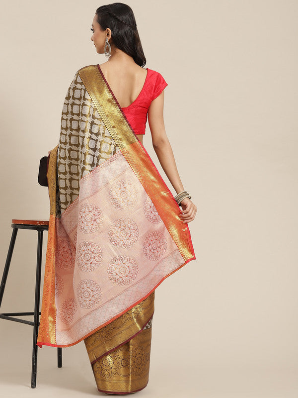 Black Brocade Woven Zari Design Floral Saree with Unstitched Blouse - Hiral Fashion | Grocsy