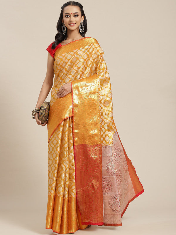 Mustard Brocade Woven Zari Design Floral Saree with Unstitched Blouse - Hiral Fashion | Grocsy