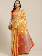 Mustard Brocade Woven Zari Design Floral Saree with Unstitched Blouse - Hiral Fashion | Grocsy
