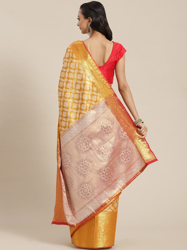 Mustard Brocade Woven Zari Design Floral Saree with Unstitched Blouse - Hiral Fashion | Grocsy