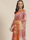 Pink Brocade Woven Zari Design Floral Saree with Unstitched Blouse - Hiral Fashion | Grocsy