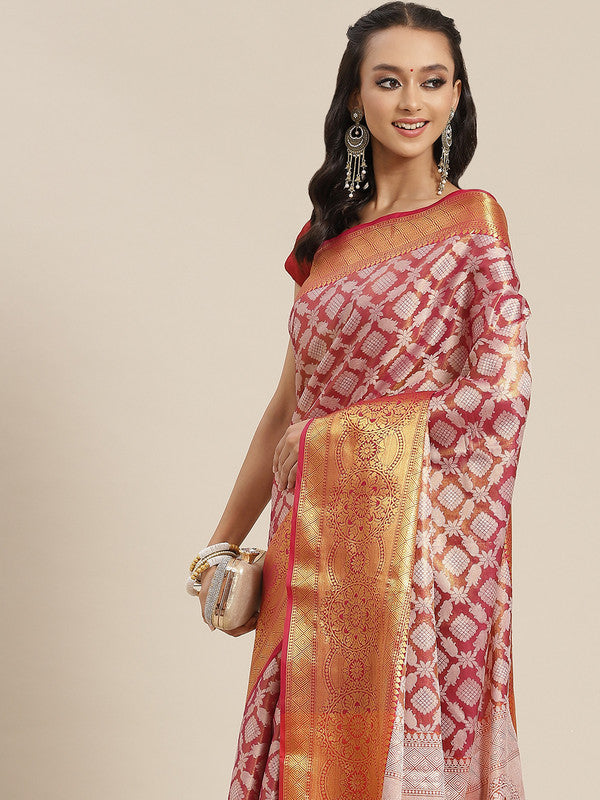 Pink Brocade Woven Zari Design Floral Saree with Unstitched Blouse - Hiral Fashion | Grocsy