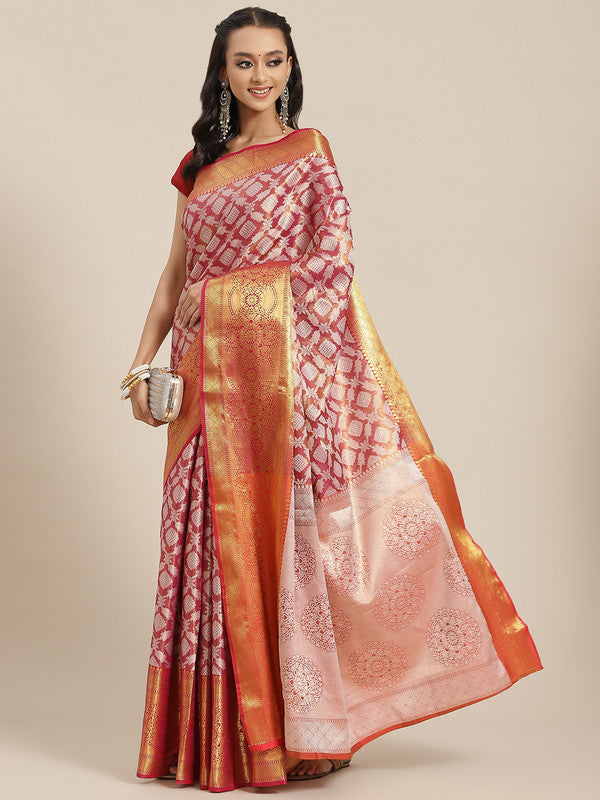 Pink Brocade Woven Zari Design Floral Saree with Unstitched Blouse - Hiral Fashion | Grocsy