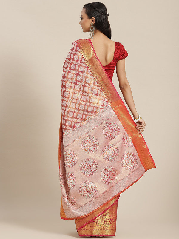 Pink Brocade Woven Zari Design Floral Saree with Unstitched Blouse - Hiral Fashion | Grocsy