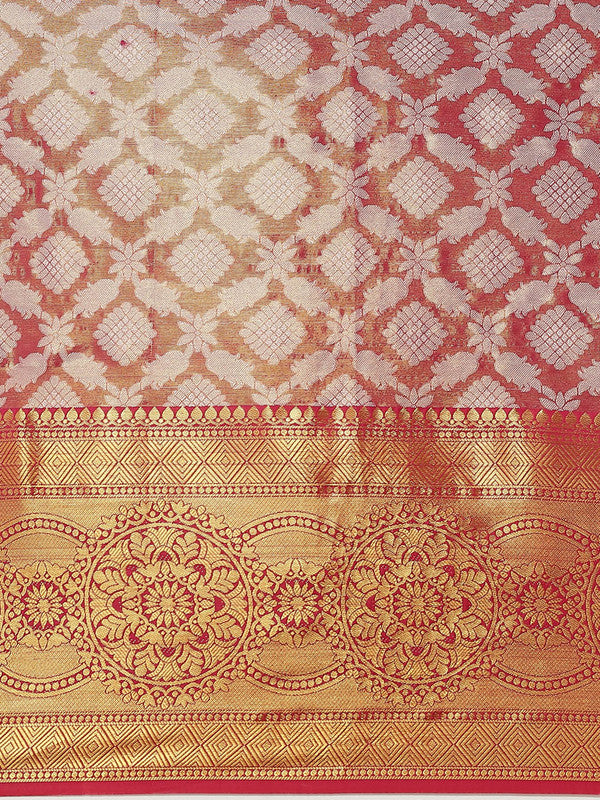 Pink Brocade Woven Zari Design Floral Saree with Unstitched Blouse - Hiral Fashion | Grocsy