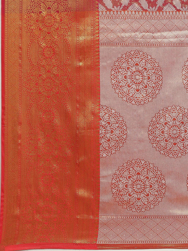 Pink Brocade Woven Zari Design Floral Saree with Unstitched Blouse - Hiral Fashion | Grocsy