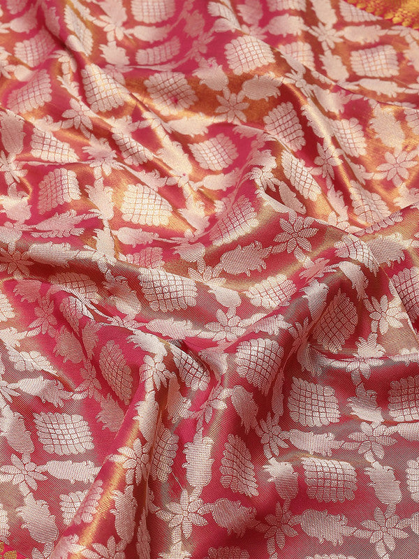 Pink Brocade Woven Zari Design Floral Saree with Unstitched Blouse - Hiral Fashion | Grocsy