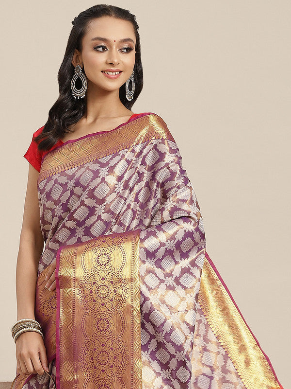 Purple Brocade Woven Zari Design Floral Saree with Unstitched Blouse - Hiral Fashion | Grocsy