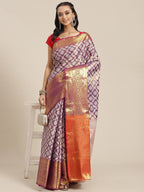 Purple Brocade Woven Zari Design Floral Saree with Unstitched Blouse - Hiral Fashion | Grocsy