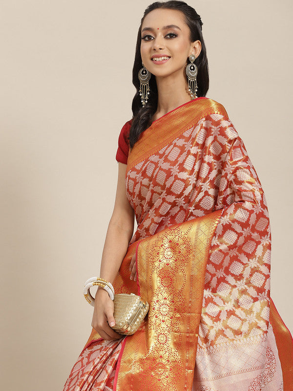 Red Brocade Woven Zari Design Floral Saree with Unstitched Blouse - Hiral Fashion | Grocsy