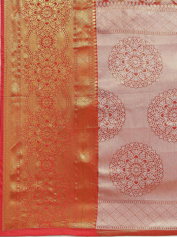 Red Brocade Woven Zari Design Floral Saree with Unstitched Blouse - Hiral Fashion | Grocsy