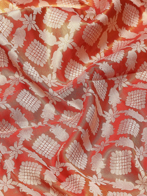Red Brocade Woven Zari Design Floral Saree with Unstitched Blouse - Hiral Fashion | Grocsy