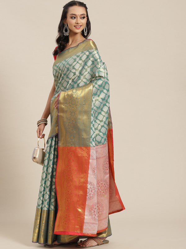 Turquoise Brocade Woven Zari Design Floral Saree with Unstitched Blouse - Hiral Fashion | Grocsy