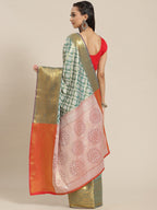 Turquoise Brocade Woven Zari Design Floral Saree with Unstitched Blouse - Hiral Fashion | Grocsy
