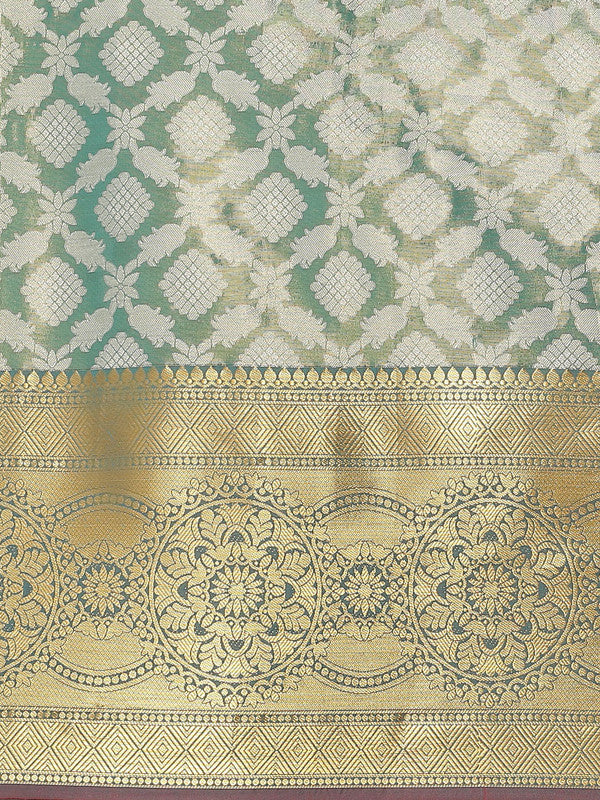 Turquoise Brocade Woven Zari Design Floral Saree with Unstitched Blouse - Hiral Fashion | Grocsy