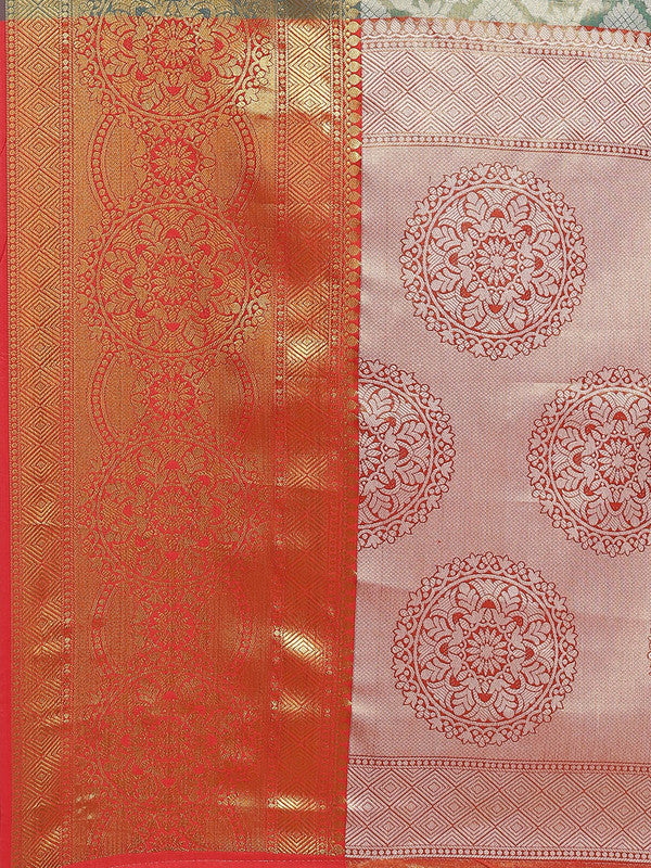 Turquoise Brocade Woven Zari Design Floral Saree with Unstitched Blouse - Hiral Fashion | Grocsy
