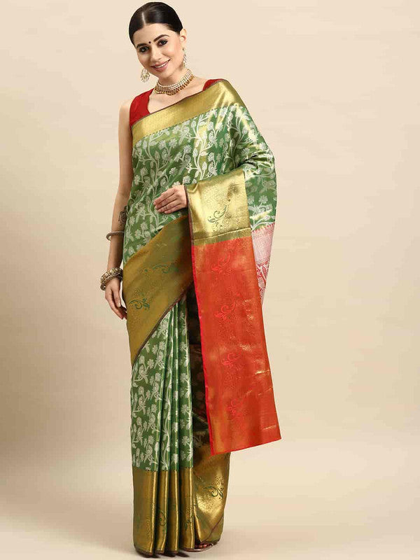 Green Brocade Woven Zari Design Floral Saree with Unstitched Blouse - Hiral Fashion | Grocsy