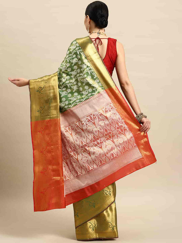 Green Brocade Woven Zari Design Floral Saree with Unstitched Blouse - Hiral Fashion | Grocsy