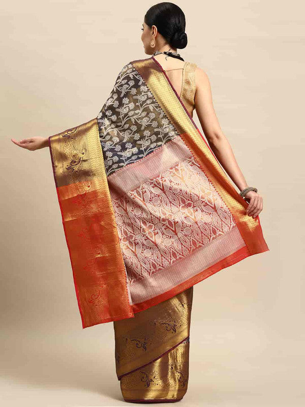 Navy Blue Brocade Woven Zari Design Floral Saree with Unstitched Blouse - Hiral Fashion | Grocsy