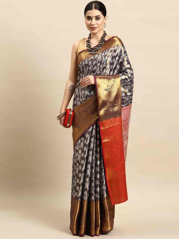 Navy Blue Brocade Woven Zari Design Floral Saree with Unstitched Blouse - Hiral Fashion | Grocsy