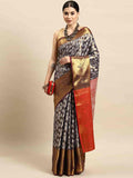 Navy Blue Brocade Woven Zari Design Floral Saree with Unstitched Blouse - Hiral Fashion | Grocsy