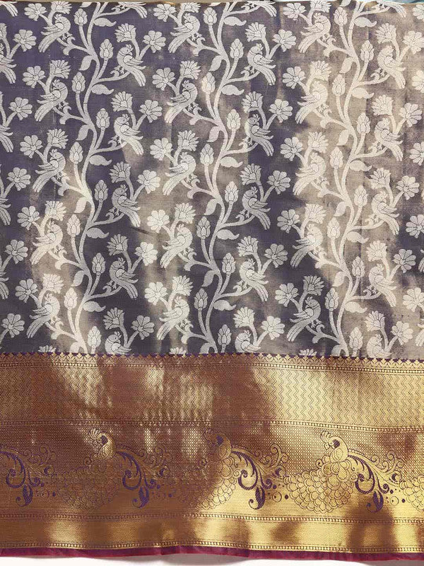 Navy Blue Brocade Woven Zari Design Floral Saree with Unstitched Blouse - Hiral Fashion | Grocsy