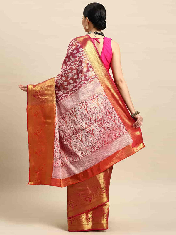 Pink Brocade Woven Zari Design Floral Saree with Unstitched Blouse - Hiral Fashion | Grocsy