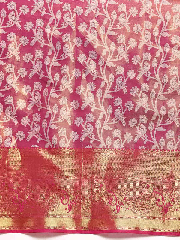 Pink Brocade Woven Zari Design Floral Saree with Unstitched Blouse - Hiral Fashion | Grocsy