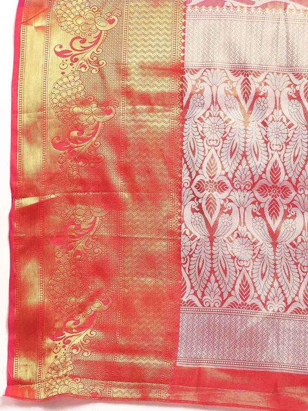 Pink Brocade Woven Zari Design Floral Saree with Unstitched Blouse - Hiral Fashion | Grocsy