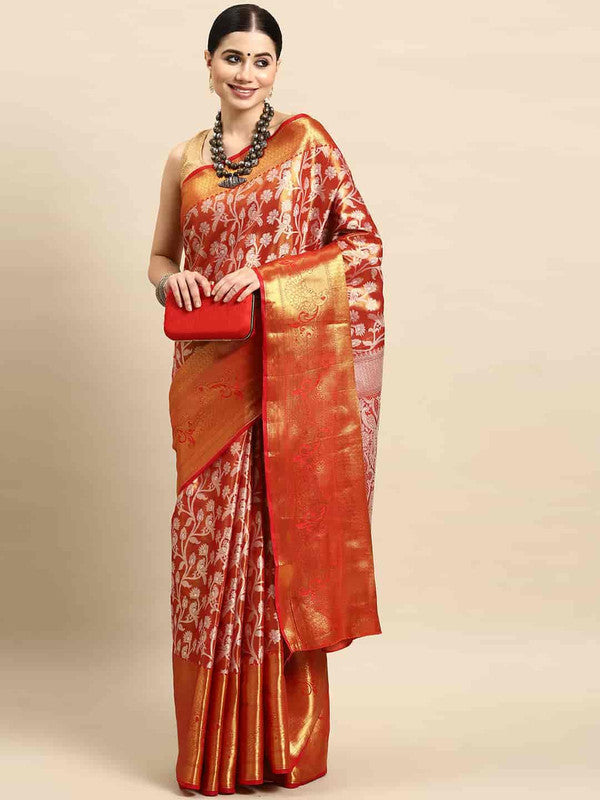 Red Brocade Woven Zari Design Floral Saree with Unstitched Blouse - Hiral Fashion | Grocsy