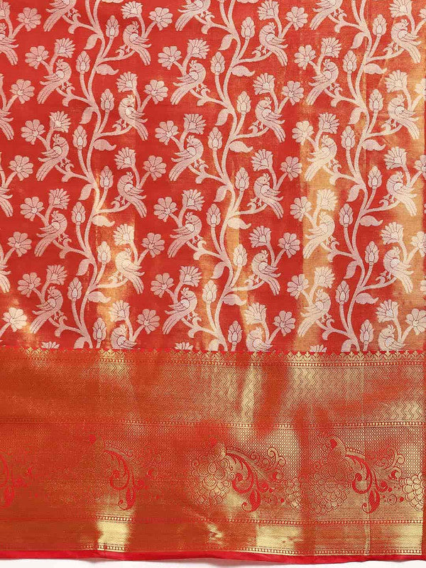 Red Brocade Woven Zari Design Floral Saree with Unstitched Blouse - Hiral Fashion | Grocsy
