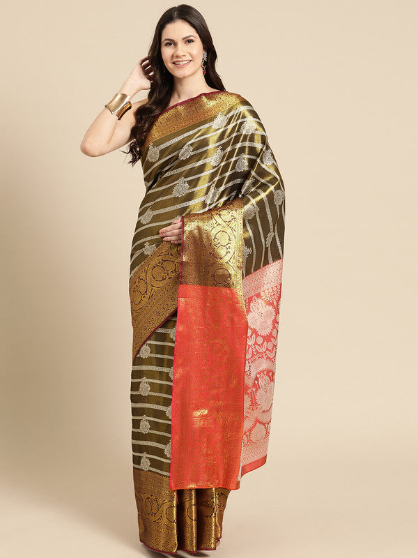 Black Silk Blend Woven Zari Design Striped Saree with Unstitched Blouse - Hiral Fashion | Grocsy