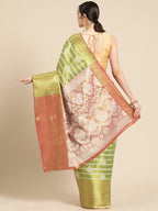 Green Silk Blend Woven Zari Design Striped Saree with Unstitched Blouse - Hiral Fashion | Grocsy