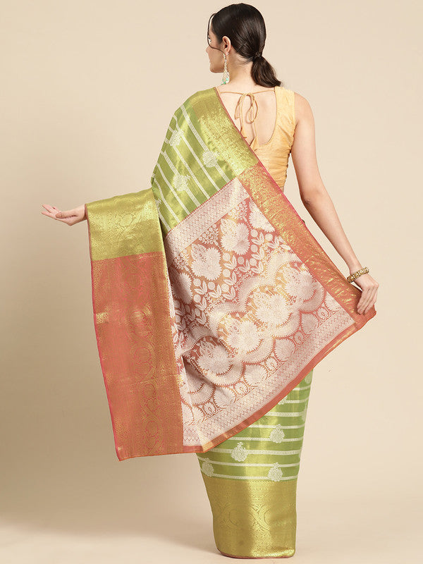 Green Silk Blend Woven Zari Design Striped Saree with Unstitched Blouse - Hiral Fashion | Grocsy