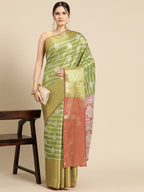 Green Silk Blend Woven Zari Design Striped Saree with Unstitched Blouse - Hiral Fashion | Grocsy