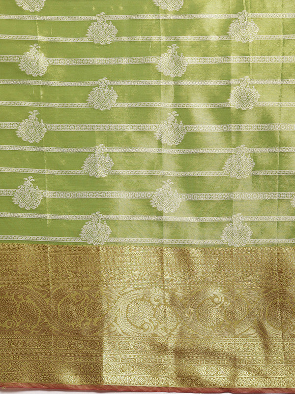Green Silk Blend Woven Zari Design Striped Saree with Unstitched Blouse - Hiral Fashion | Grocsy