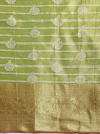 Green Silk Blend Woven Zari Design Striped Saree with Unstitched Blouse - Hiral Fashion | Grocsy