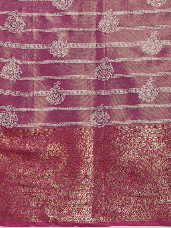 Pink Silk Blend Woven Zari Design Striped Saree with Unstitched Blouse - Hiral Fashion | Grocsy