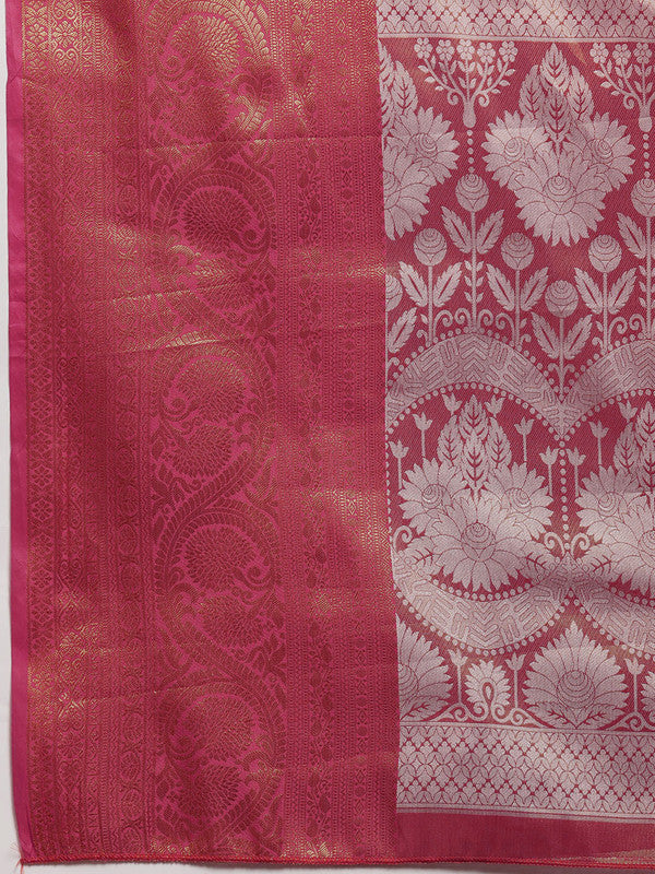 Pink Silk Blend Woven Zari Design Striped Saree with Unstitched Blouse - Hiral Fashion | Grocsy