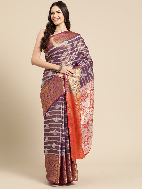 Purple Silk Blend Woven Zari Design Striped Saree with Unstitched Blouse - Hiral Fashion | Grocsy