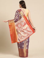 Purple Silk Blend Woven Zari Design Striped Saree with Unstitched Blouse - Hiral Fashion | Grocsy