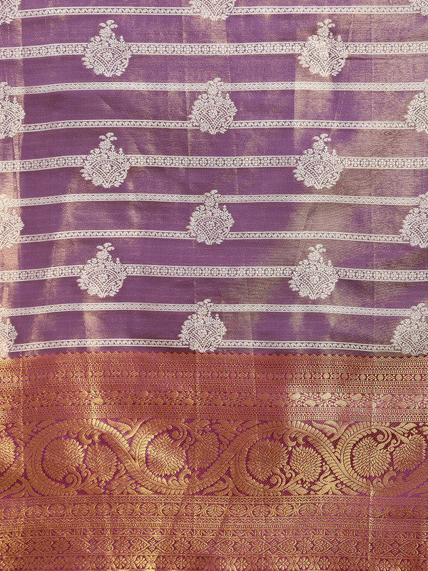 Purple Silk Blend Woven Zari Design Striped Saree with Unstitched Blouse - Hiral Fashion | Grocsy