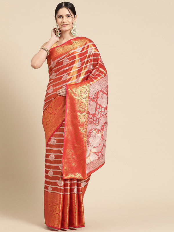 Red Silk Blend Woven Zari Design Striped Saree with Unstitched Blouse - Hiral Fashion | Grocsy