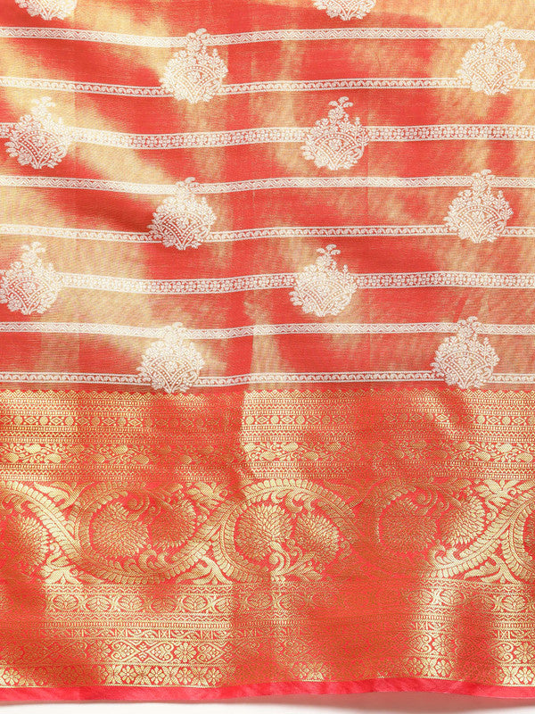Red Silk Blend Woven Zari Design Striped Saree with Unstitched Blouse - Hiral Fashion | Grocsy