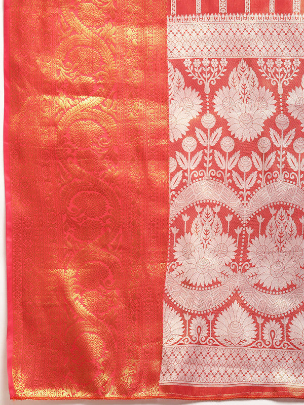 Red Silk Blend Woven Zari Design Striped Saree with Unstitched Blouse - Hiral Fashion | Grocsy