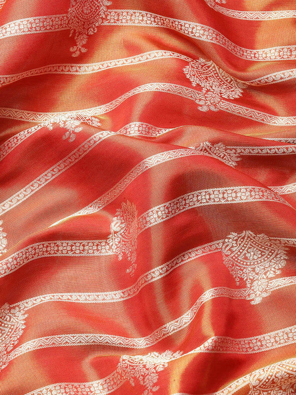 Red Silk Blend Woven Zari Design Striped Saree with Unstitched Blouse - Hiral Fashion | Grocsy
