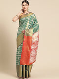 Turquoise Silk Blend Woven Zari Design Striped Saree with Unstitched Blouse - Hiral Fashion | Grocsy